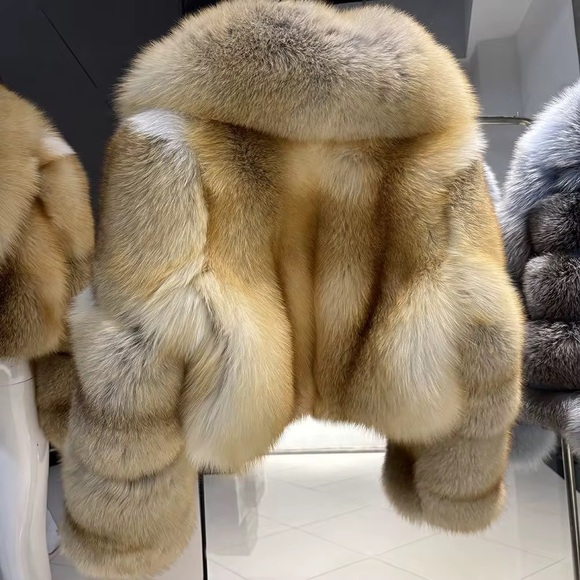 Women's Fox Fur jacket - Cream and Brown and Tan/ Cognac - Picture 2 of 9